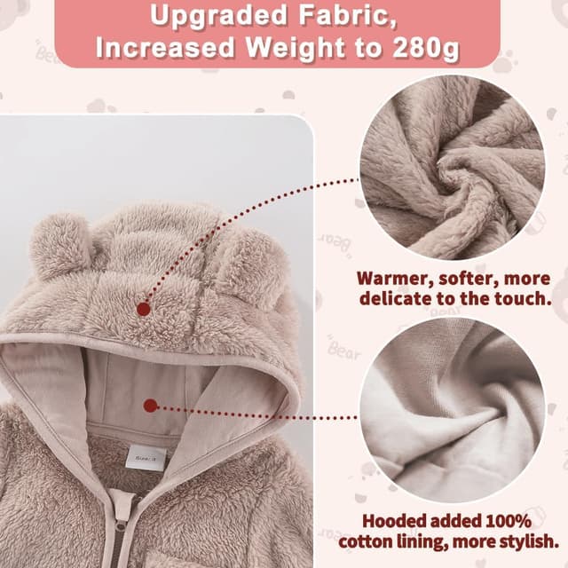 Detalle 2 de Fairy Baby baby snowsuit – newborn bear hooded fleece romper with fold-down mittens and footmuffs