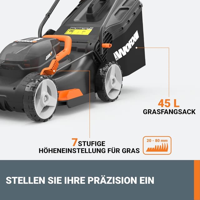 Detalle de WORX Nitro WG734E Profi Akku-Rasenmäher 40V – 40 cm Schnittbreite mit 2x PowerShare PRO Akkus & Dual-Ladegerät