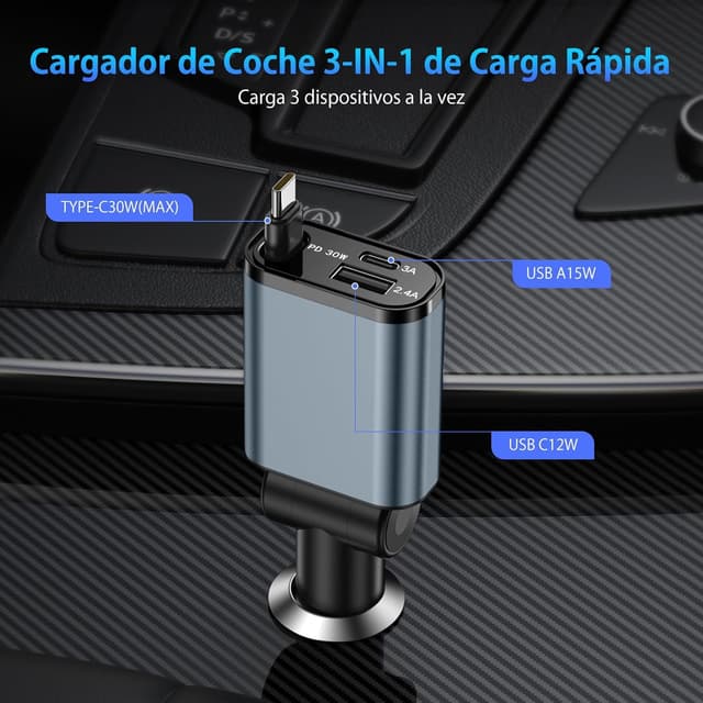 Detalle 2 de DUEDUE 3 En 1 Cargador de Coche Rápido 🔌 Plegable 180°