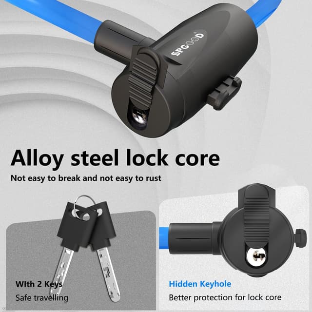 Detalle de SPGOOD Spiralkabelschloss 120 cm / 12 mm – Sicherheitsstufe sehr hoch mit 2 Schlüsseln (blau)