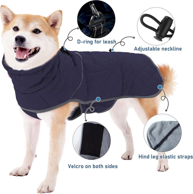 Detalle 2 de Leberna Warm Pet Dog Coats and Jackets Waterproof Reflective Turtleneck Puffer Jacket with Adjustable Harness (Navy Blue, L)