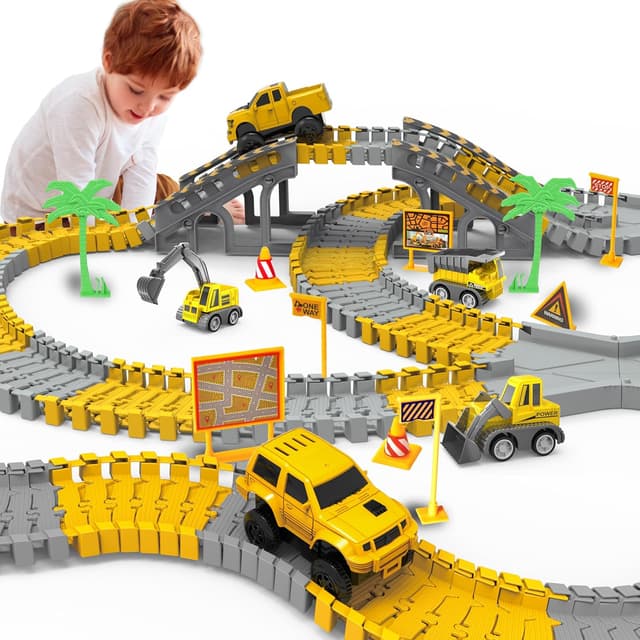Detalle de Kids Construction Race Tracks Toy Set (253 PCS) with Flexible Track, Cars & Trucks – Age 3–8