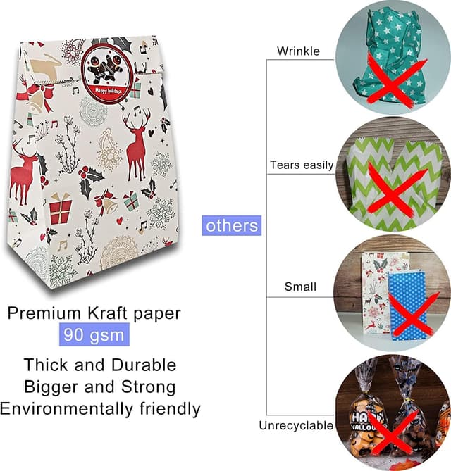 Detalle de AUERVO 48 Geschenktüten Weihnachten bunt klein inkl. Aufkleber – Papiertüten für Kekse, Giveaways & Kindergeburtstag