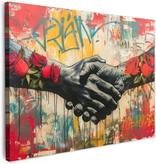 Detalle de MuchoWow© Impression sur toile 80x60 cm décoration murale Roses, mains & street art