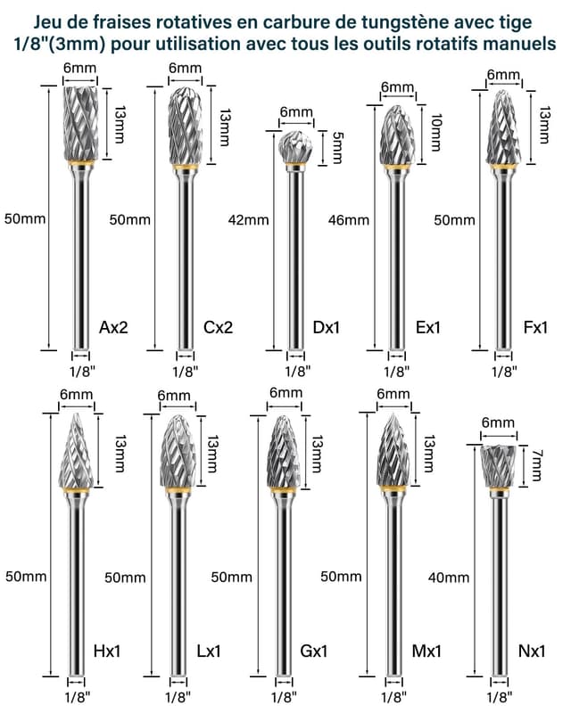 Detalle 2 de Set de 12 fraises rotatives en carbure de tungstène Lytool (double coupe) tige 1/8" pour Dremel, gravure, polissage et sculpture
