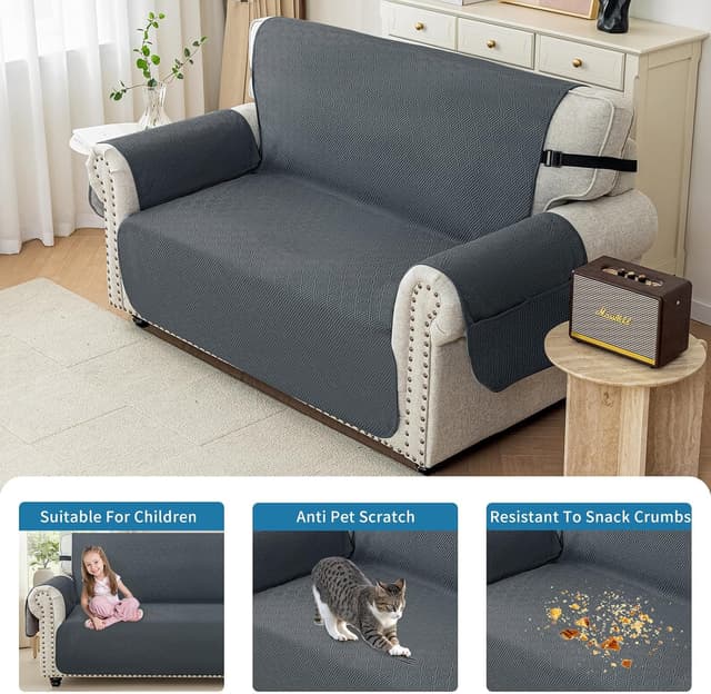 Detalle 2 de Ystyle Copridivano 2 posti con braccioli, effetto antiscivolo e antifumo per gatti, grigio scuro