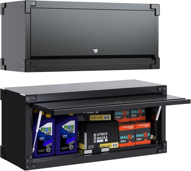 Detalle de SUPEER Hängeschrank aus Metall mit abschließbarer Klapptür (Edelstahloptik), H38,6 × B80 × T30 cm, schwarz