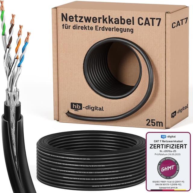 Detalle de HB-DIGITAL Outdoor-Netzwerkkabel CAT 7, 25 m, für direkte Erdverlegung – GHMT zertifiziert, S/FTP, AWG23