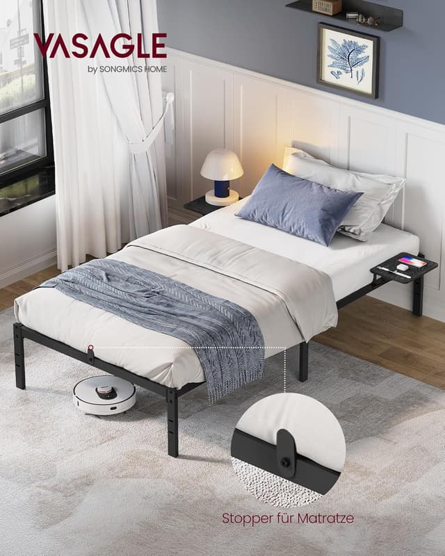 Detalle de VASAGLE Bett 140 x 200 cm (RMB094B01) mit Aufbewahrungsregalen – Metall-Bettrahmen für Gäste & Doppelbett
