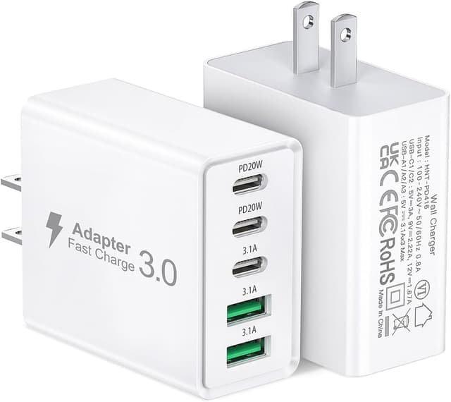 Detalle de Qwinjwin 2-Pack 50W 5-Port USB Wall Charger (2 USB-A + 3 USB-C, White)