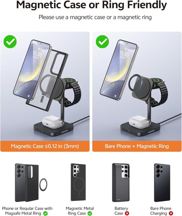 Detalle de Station de charge inductive 3 en 1 LULULOOK en aluminium pour Samsung S25 Ultra, Galaxy Watch 7 et Galaxy Buds (noir)