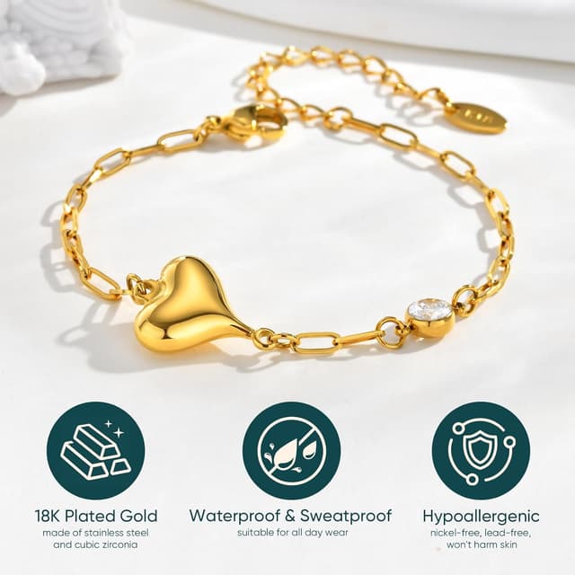 Detalle 1 de Gamtic Herz-Armband für Damen aus Edelstahl mit Zirkonia, 14K vergoldet (verstellbar)