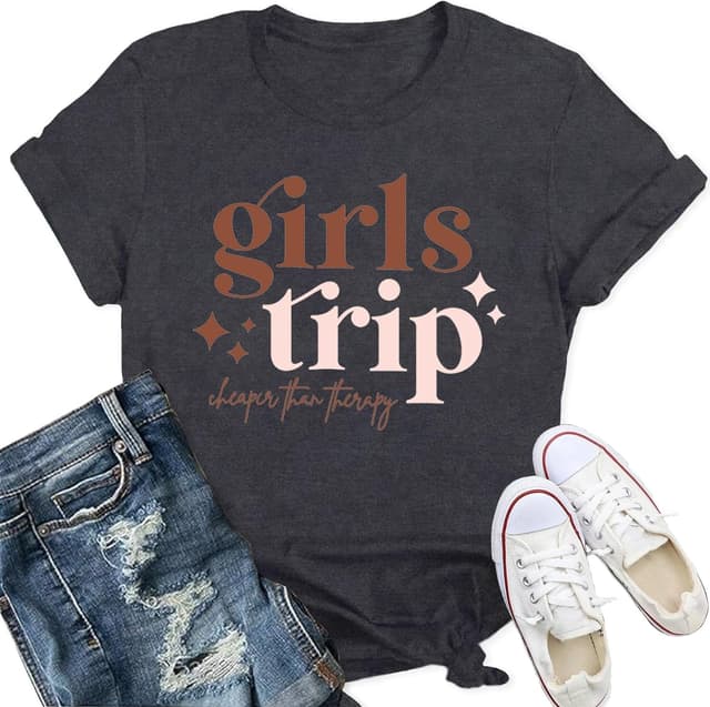 Detalle de Qskall “Girls Trip” T-Shirt for Women – Trip Cheaper Than Therapy Vacation Tee