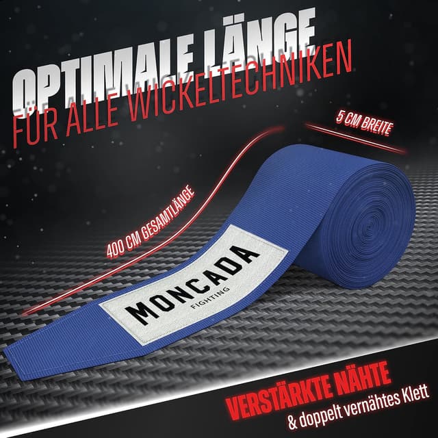 Detalle de Moncada Fighting® Boxbandagen mit Daumenschlaufe (4 m) – extra breiter Klettverschluss für Boxen, MMA & Kickboxen