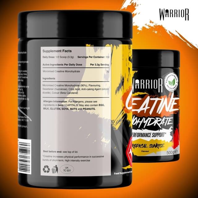 Detalle de Warrior Creatine Monohydrate Pulver (mikronisiert) – vegan, zuckerfrei, 500 g, Tropical Sunrise