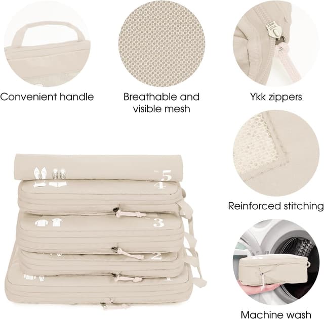 Detalle 2 de ECOHUB 5-teiliger Kompressions-Koffer-Organizer (Beige) – Packwürfel-Set mit Kompressionsbereich