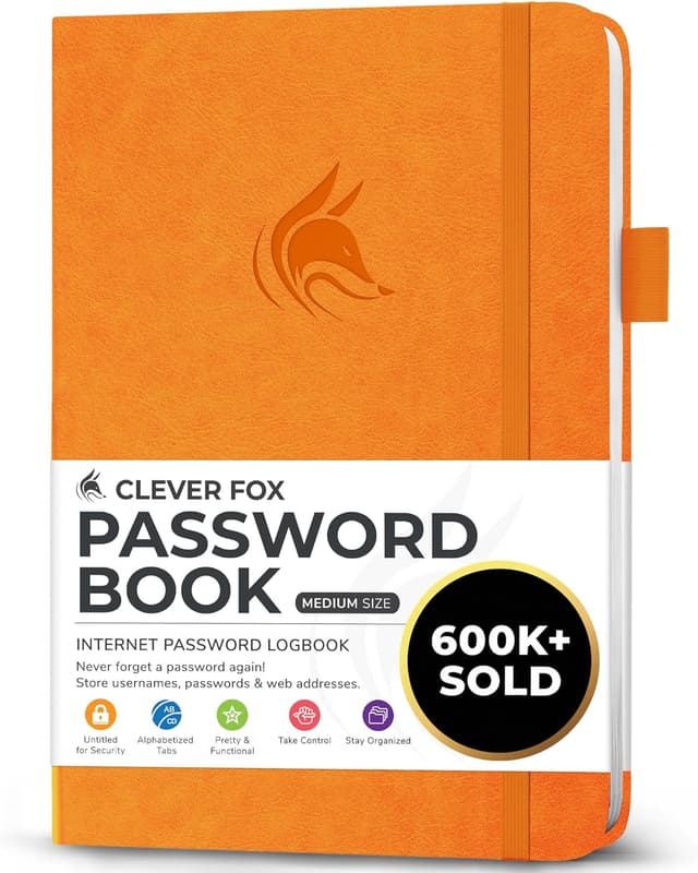Detalle de Clever Fox Password Book with Alphabetical Tabs (Medium) – Yellow password & internet address organiser logbook
