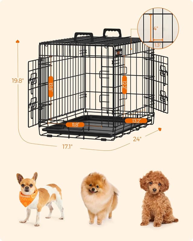 Detalle de Feandrea Dog Crate PPD024B01 (S) foldable dog cage with 2 doors, removable tray, 61 x 43.5 x 50.5 cm, black