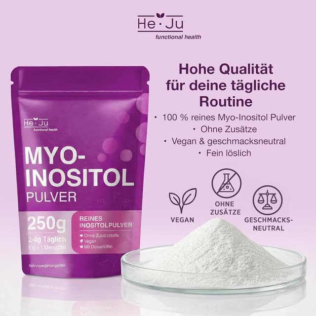 Detalle de Myo-Inositol Pulver 250 g (100% reines Myo-Inositol) – 4.000 mg pro Portion, vegan & geschmacksneutral inkl. Dosierlöffel