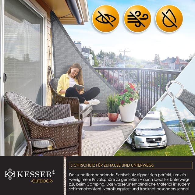 Detalle 1 de KESSER® Sonnensegel Sonnenschutz Windschutz aus HDPE-Gewebe, dreieckig 2,5 x 2,5 x 3,5 m (5-fach quer vernäht) grau