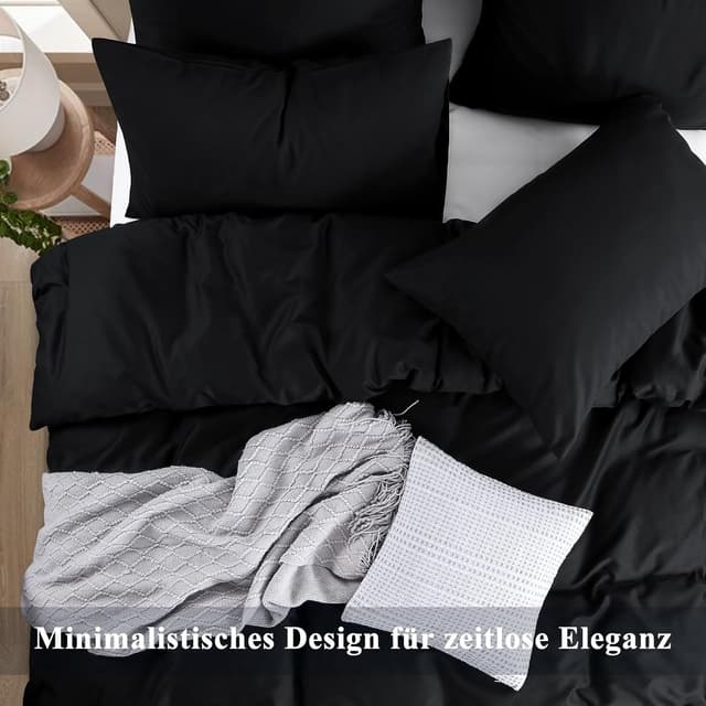 Detalle de Aisbo Bettwäsche 140x200 aus Baumwolle in Schwarz (Set mit Kissenbezug 80x80, mit Reißverschluss, OEKO-TEX)