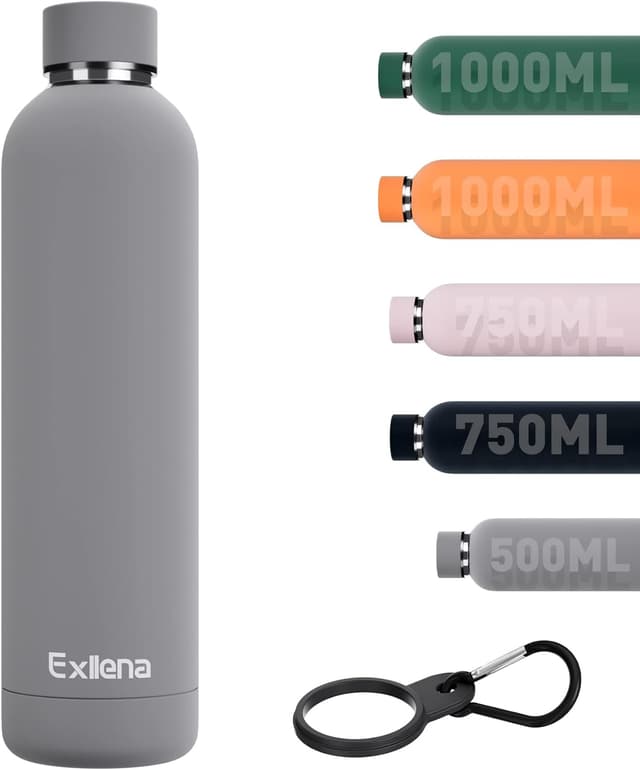 Detalle de Exllena 1L Insulated Water Bottle with Clip (Grey) – Double-Wall Vacuum for Cold up to 24 Hours