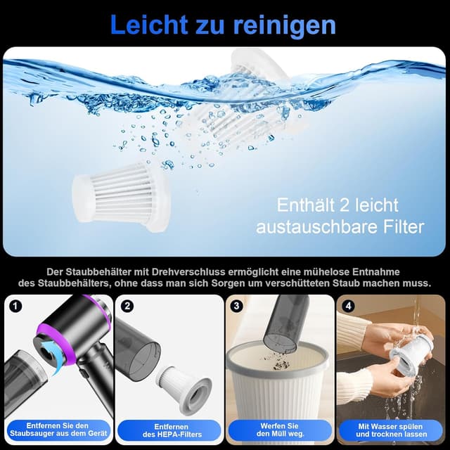 Detalle de Ludunbuy Handstaubsauger 26000 Pa – Mini Akku-Staubsauger kabellos 4-in-1 für Auto, Küche & Tierhaare