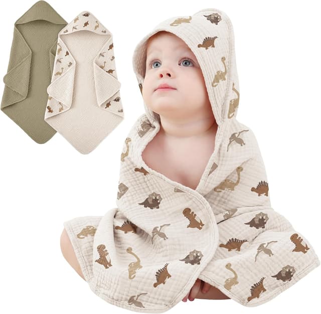 Detalle de Susurration Baby Handtuch mit Kapuze (4-lagig, Musselin-Baumwolle) – 2er-Set mit Dinosaurier-Motiv