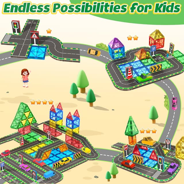 Detalle de obakaer 64-teilige magnetische Bausteine Straßenaufsatz-Set mit Magnetfliesen (STEM) – für Kinder ab 3 Jahren