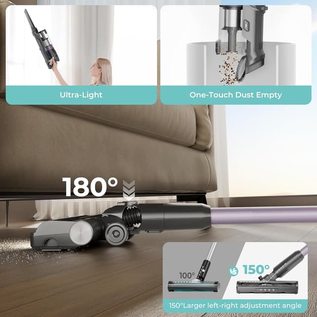 Detalle de CANDY Cordless Vacuum Cleaner with 45-Min Runtime, Anti-Tangle Brush Roll & HEPA Filtration