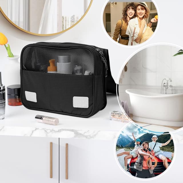 Detalle 2 de Hängender Kulturbeutel mit Haken (schwarz) – Kulturbeutel zum Aufhängen, 25 x 20 x 9 cm, 4 Fächer