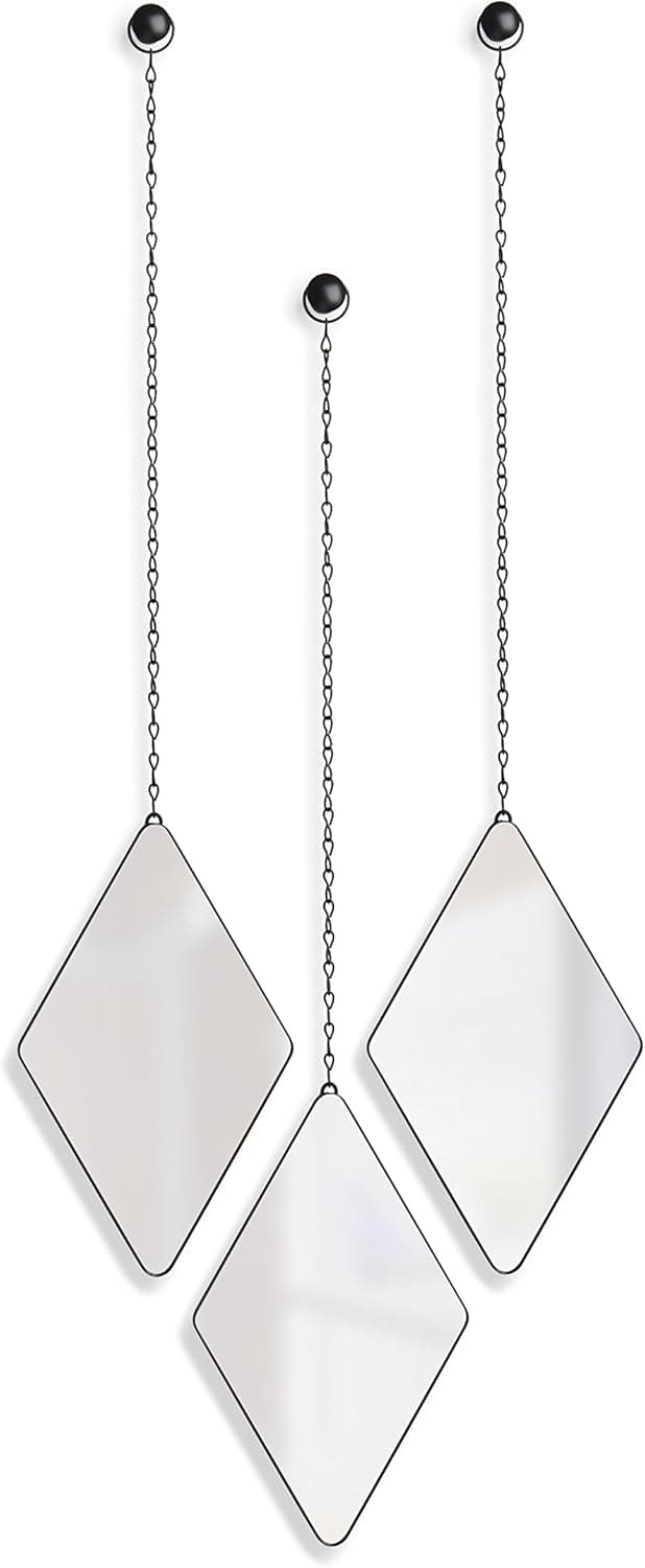 Detalle de Umbra Dima Mirror – Lot de 3 miroirs losanges suspendus noir, avec chaîne