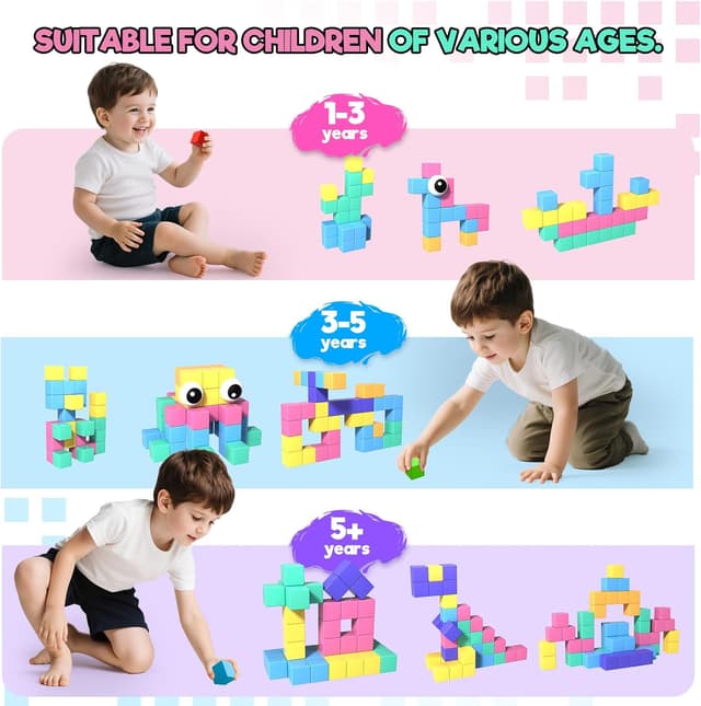 Detalle de Magnetic Building Blocks for Kids (56pcs) – 1-inch Magnetic Cubes & Tiles with Toy Eyes for STEM Play