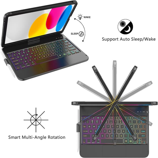 Thumbnail 6 de FUWANG Touch Keyboard Case for iPad (A16) 11th Gen & iPad 10th Gen 10.9-inch (A2757/A2777/A2696) — 360° Rotating Backlit Keyboard Case, Black