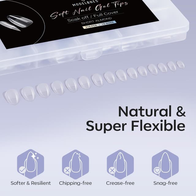 Detalle de Modelones Nageltips 510 Stück Full Cover (kurze Almond) – PMMA Gel Tips Set zum Aufkleben für DIY-Nail-Art