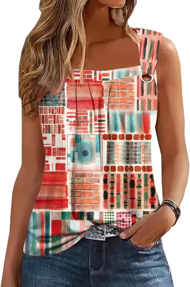 Detalle 2 de Summer Tank Tops for Women Pleated Square Neck O-Ring Shoulder Tank Tees