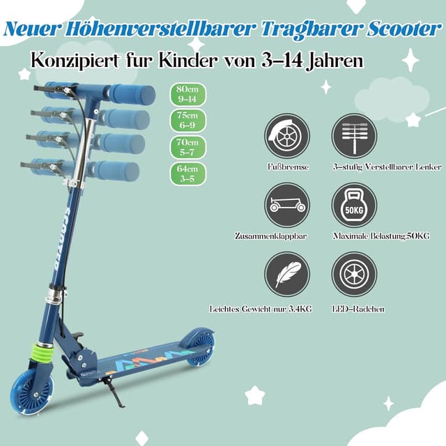 Detalle de TENBOOM Roller Kinder ab 3 Jahren mit 2 Rädern, klappbar, 3 höhenverstellbar und LED-Räder