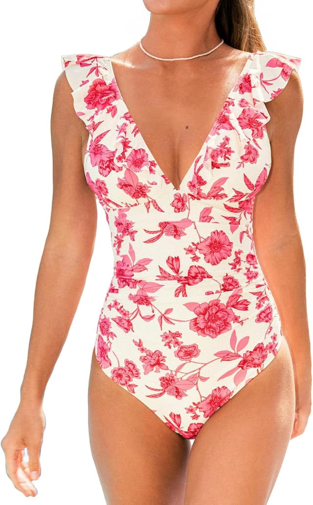 Detalle 2 de CUPSHE Women’s Tummy Control One-Piece Swimsuit with Ruffle & Back Tie