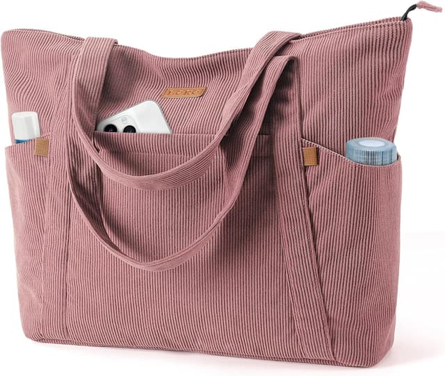 Detalle de Lekespring Cord Tasche Damen – große Tote Bag mit Reißverschluss und 15,6-Zoll-Laptopfach (Rosa)