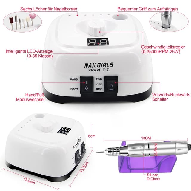 Detalle de NAILGIRLS Nagelfeile elektrisch (11-in-1) für Gelnägel mit 0–35.000 U/Min, LCD & Fußpedal
