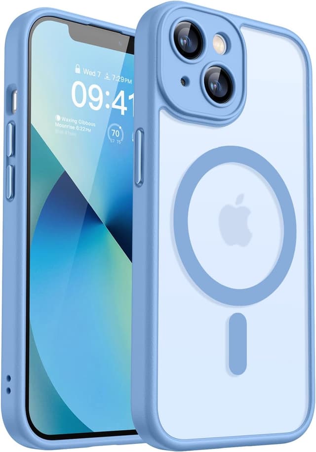 Detalle de CANSHN Magnetic iPhone 13 Case (6.1") with full camera protection, MagSafe compatibility and matte translucent finish – Light Blue