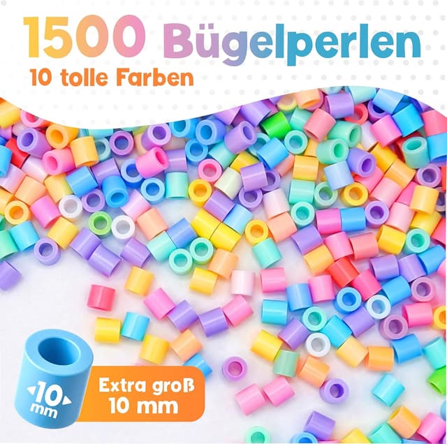 Detalle de MUTKIND® XL Bügelperlen-Set 10 mm (1500 Stück) Pastellfarben – inkl. 50 Vorlagen zum Download
