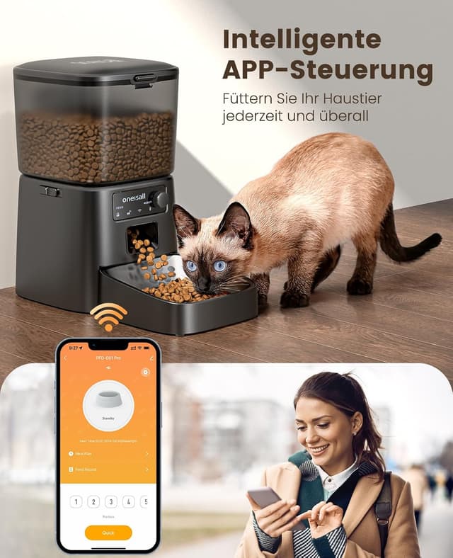 Detalle de oneisall 3,5 l Futterautomat für Katze mit WiFi & App-Steuerung (Upgrade 2,4 GHz) – inkl. Edelstahlnapf (Schwarz)