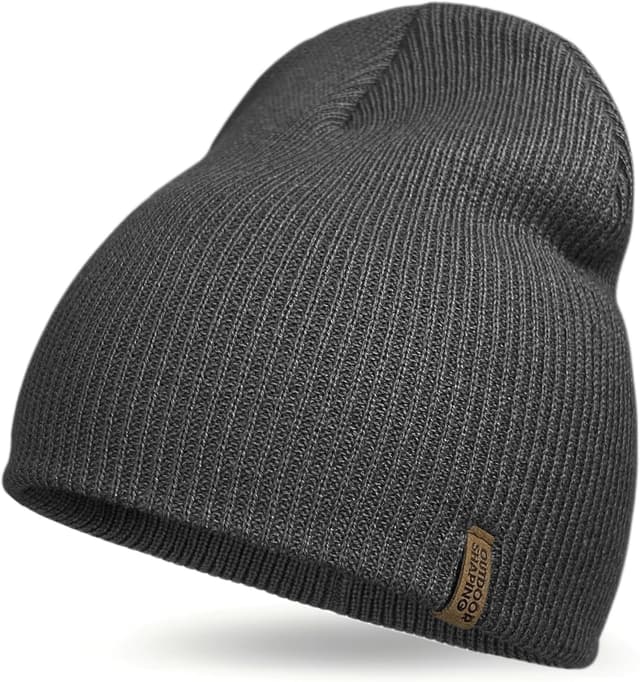 Detalle de Outdoor Shaping Beanie-Mütze aus Strick – warme Wintermütze mit Leder-Patch, Umschlag und weichem Stretch