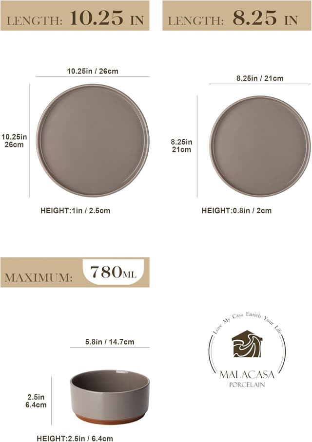 Detalle de MALACASA Steingut Geschirrset für 6 Personen (18-teilig) mit Sesam-Glasur – dunkelbraun, stapelbar