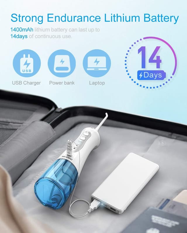 Detalle 2 de Nicefeel Cordless Water Flosser (300ml) with 4 Jet Tips, 3 Modes, USB Rechargeable, IPX7 Waterproof