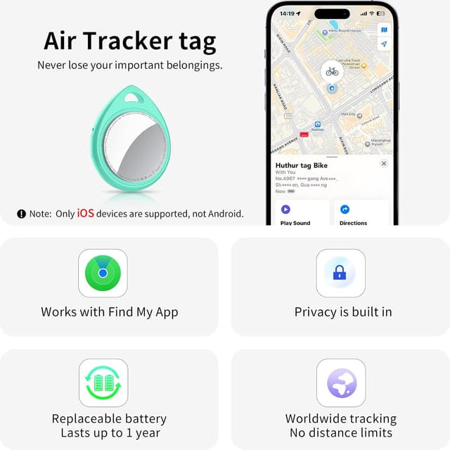 Detalle de QCOQ Air Tags 4 pezzi Ciano menta con Bluetooth 5.3 e batteria sostituibile per Cerca (solo iOS)