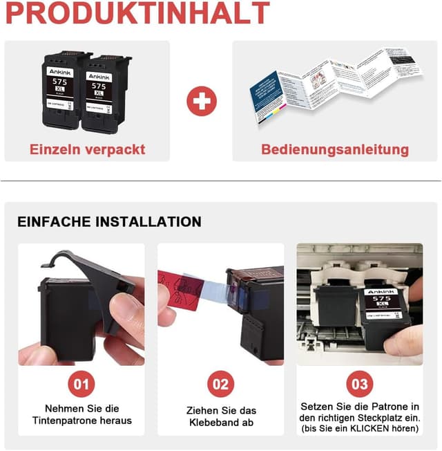 Detalle de ANKINK kompatible Tintenpatronen 575XL (PG 575) – 2er-Pack Schwarz für Canon TS/TR-Modelle