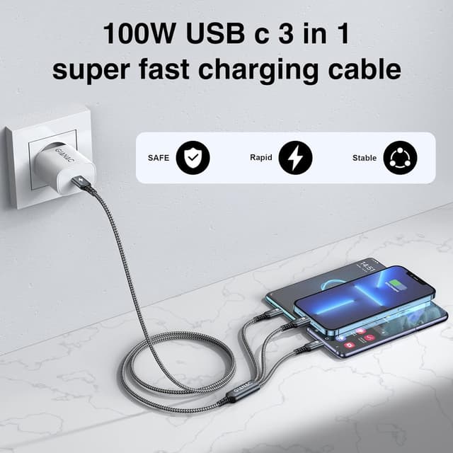 Detalle 2 de GIANAC 100W USB-C Multi Kabel Lang 2M 3-in-1 Ladekabel