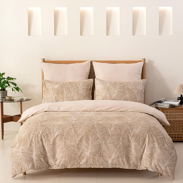 Detalle de Tokokimo Beige Double Duvet Cover Set (Tropical Leaves) with 2 Pillowcases, Soft Microfibre, 200x200 cm